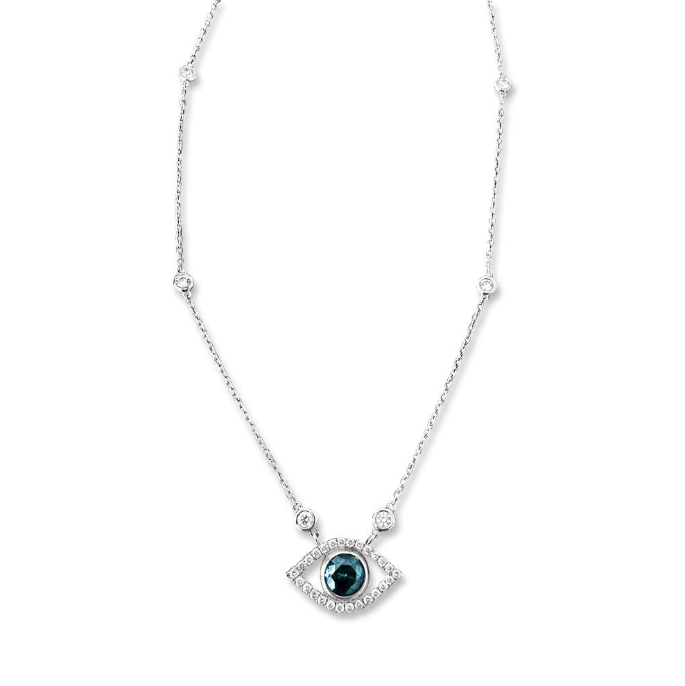 Custom Blue Diamond Evil Eye Pendant Necklace | 14K White Gold